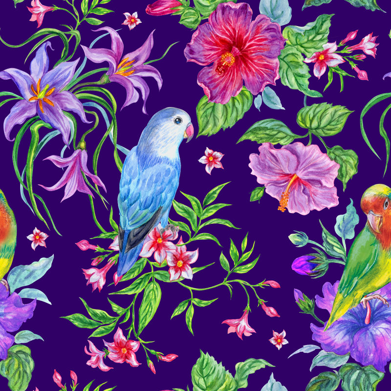 Tropical Flowers And Parrots by OllgaP - Wrapped Canvas Print, 51cm H x 51cm W x 3.8cm D