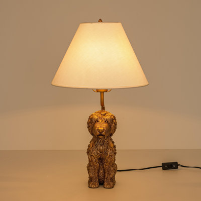 Modern Decorative Resin Puppy Table Lamp with Beige Fabric Shade Antique Gold Finish