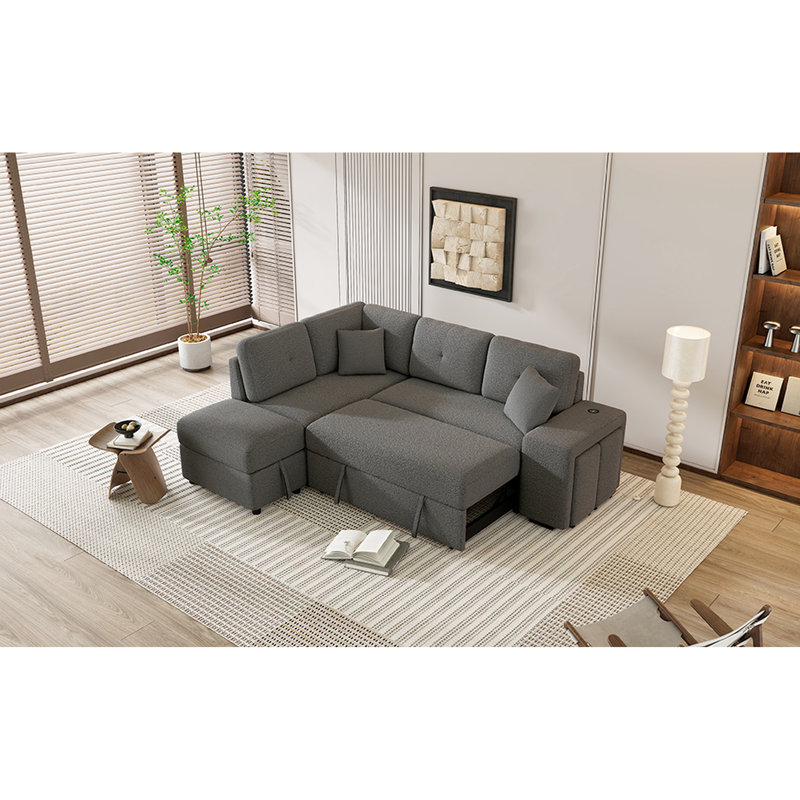 Canapé-lit 87,7 po avec rangement et gris foncé. 2 tabourets, coussins décoratifs, ports sans fil pour salon gris, 87,7 po