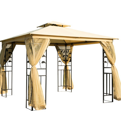 Metal Patio Gazebo With Double Roof And Tree Motifs, 10' X 10', Beige For Deck Relaxation Canopy Frame Pattern, Garden, Lawn, Backyard