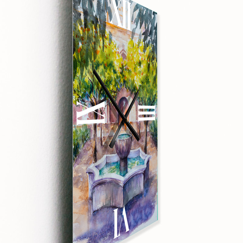 Petite fontaine avec arbres dans le village - horloge murale, Grand