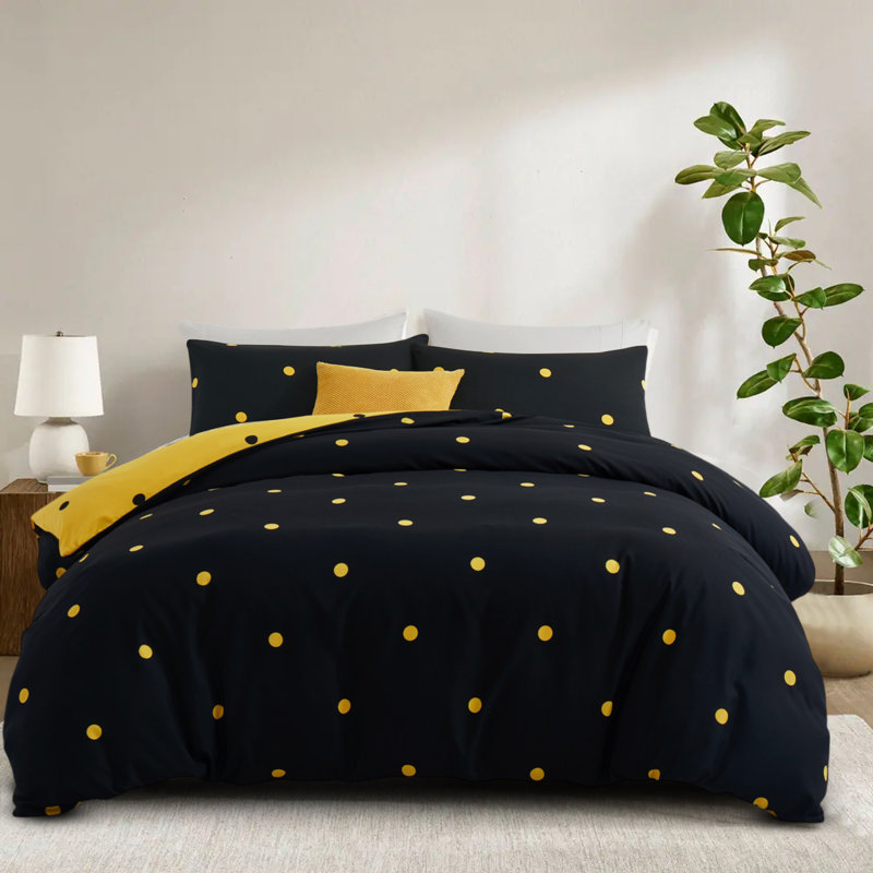 Kensington Microfiber Polka Dots Duvet Cover Set with Pillowcases, Black & Yellow Doted