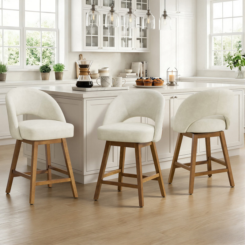 26.4" Swivel Counter Bar Stool With Pocket Spring Cushion & Solid Wood Legs, Upholstered Armless Barstools (Set of 3)
