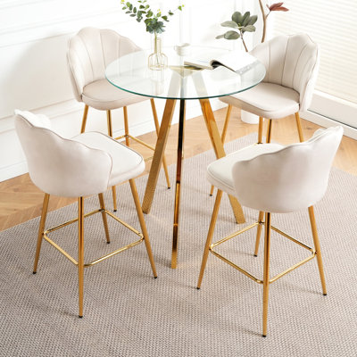 Chaises de bar en velours de 5 places avec pieds en métal doré et plateau en verre trempé, siège ergonomique pour un siège relaxant, comptoir rond de luxe, expérience d'assise design,