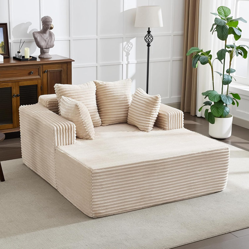 Canapé surdimensionné en velours côtelé de 61 po avec 4 coussins et accoudoirs sans assemblage requis, Blanc