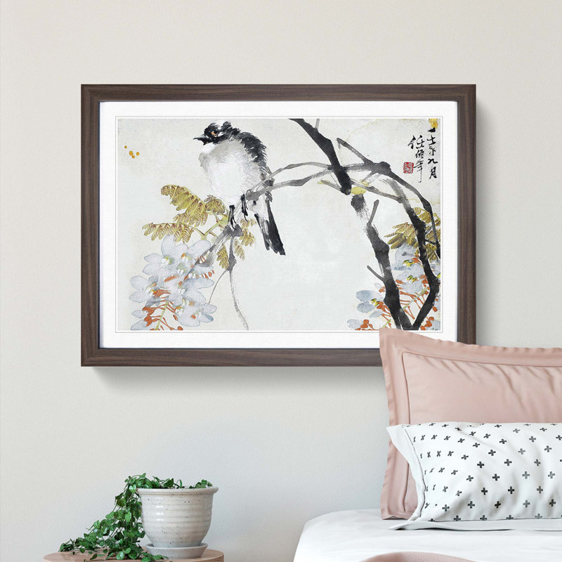 Bird on a Tree by Jin Nong - Picture Frame Painting Print, 36cm H x 48cm W x 2cm D, Walnut Framed