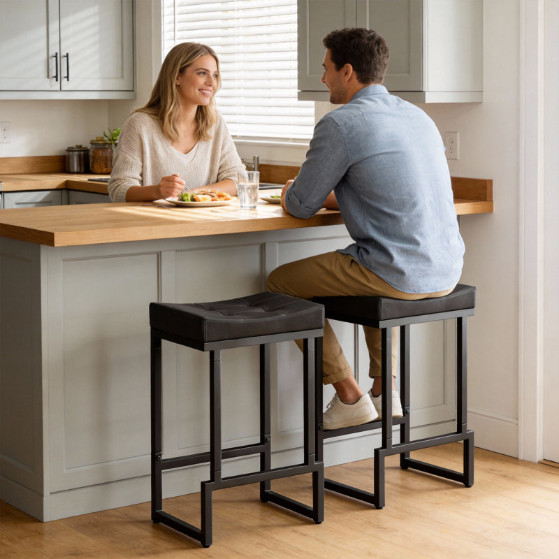 Tabouret de comptoir rembourré avec structure et repose-pieds en métal, tabouret de bar à hauteur de siège sans dossier, Noir