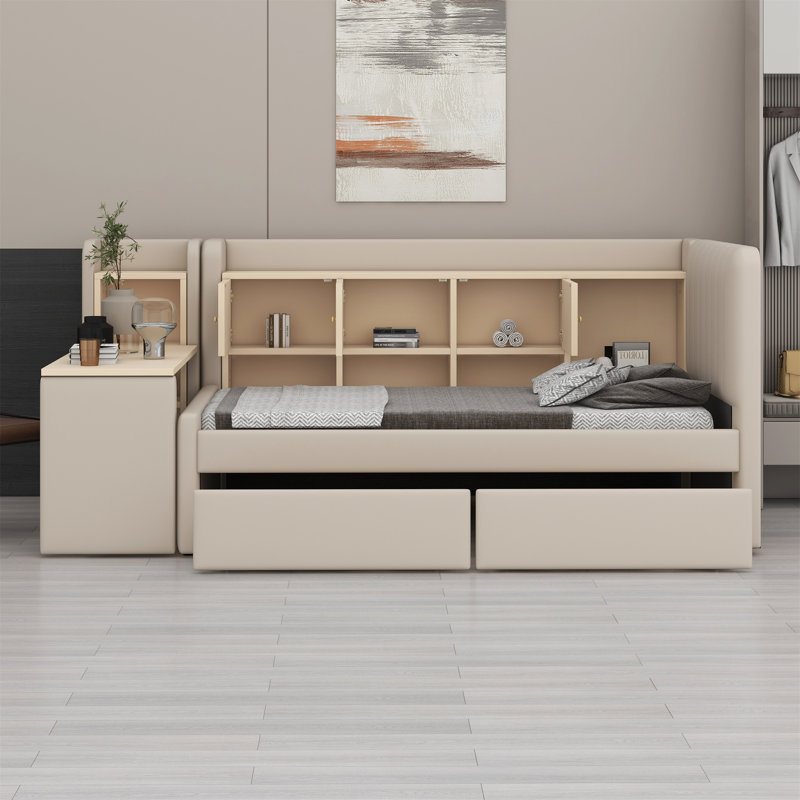 Lit de jour rembourré avec tiroirs, tablettes, armoires rabattables et table d'appoint, Beige