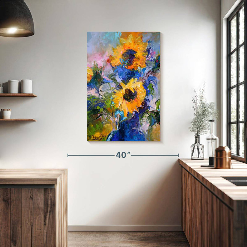 Harnek tournesols dans un vase bleu, H 39 po x l 26 po
