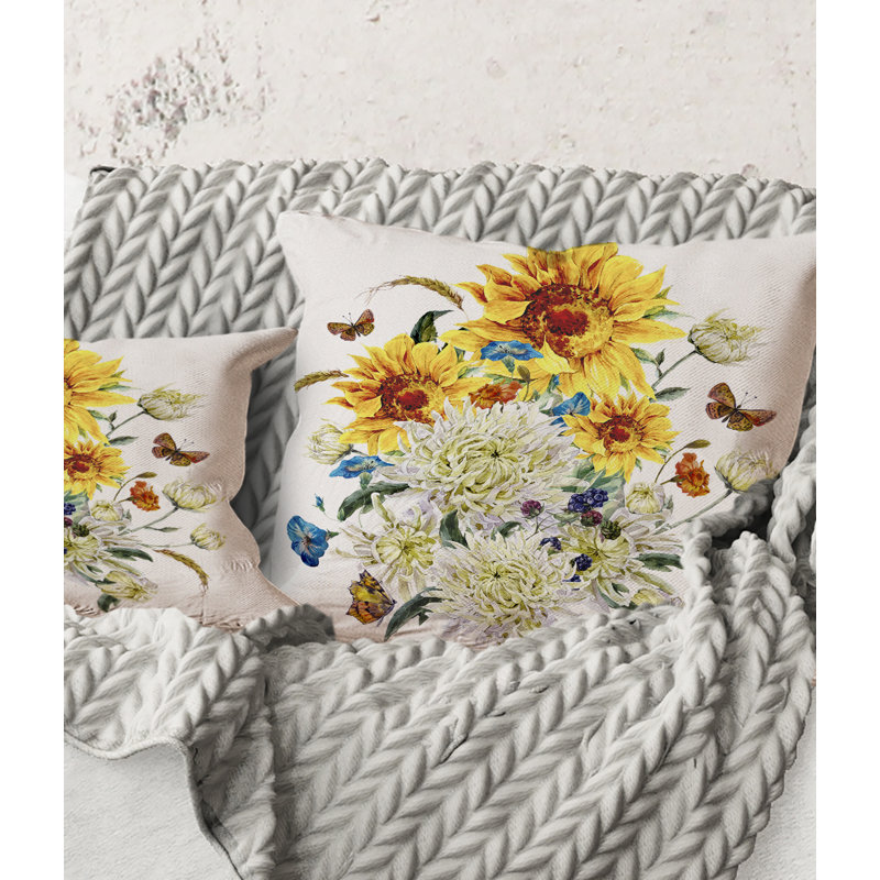 Carré, chrysanthèmes rétro et tournesols - coussin décoratif traditionnel, 16" x 16"