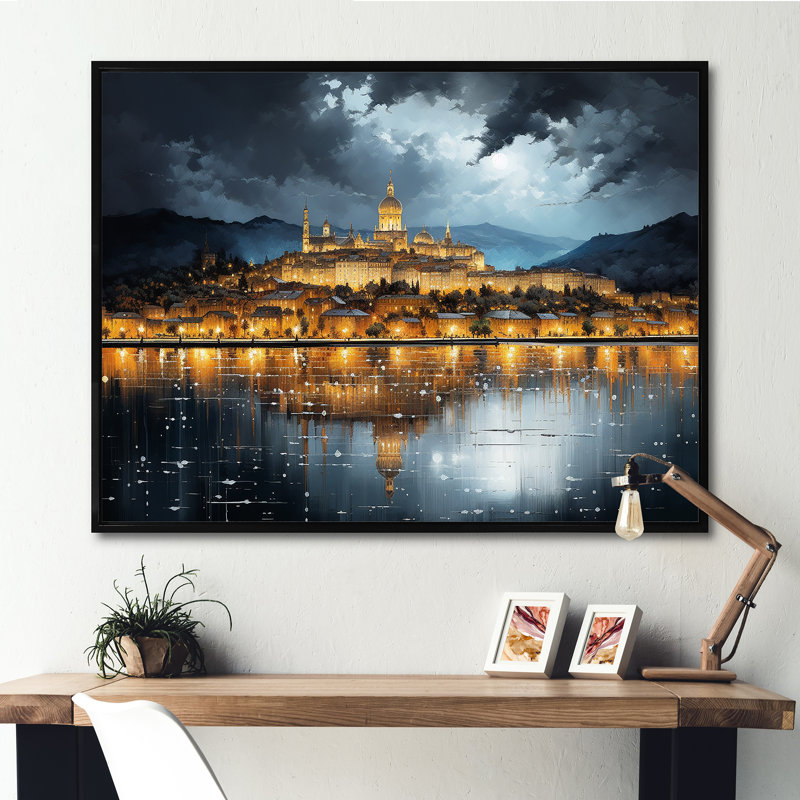 Ville française de Lyon, paysage sur toile, Cadre flottant noir, H 16 po x l 32 po x P 1 po