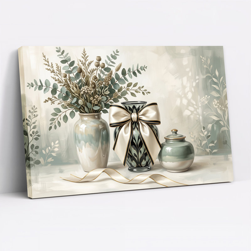 Eucalyptus séché et vases décorés de rubans, tableau sur toile vert crème, H 32 po x l 48 po