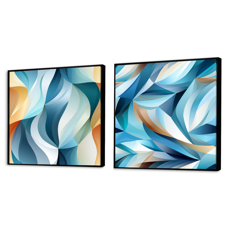 «Blue Geometric Wave Tranquility - Abstract Collages Square», ensemble de 2, Cadre flottant noir, H 16 po x l 33 po