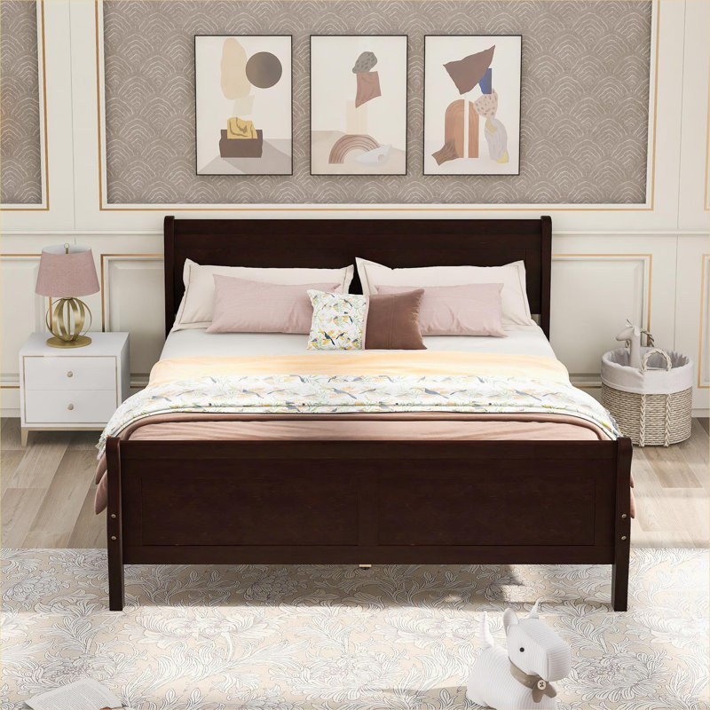 Lit plateforme double en bois massif de style classique avec tête de lit et lattes de bois, ton brun, Full, Black
