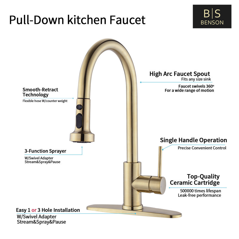 Commercial Style 2-Function Single Handle Pull Down Kitchen Faucet In Stainless Steel, Brushed Gold