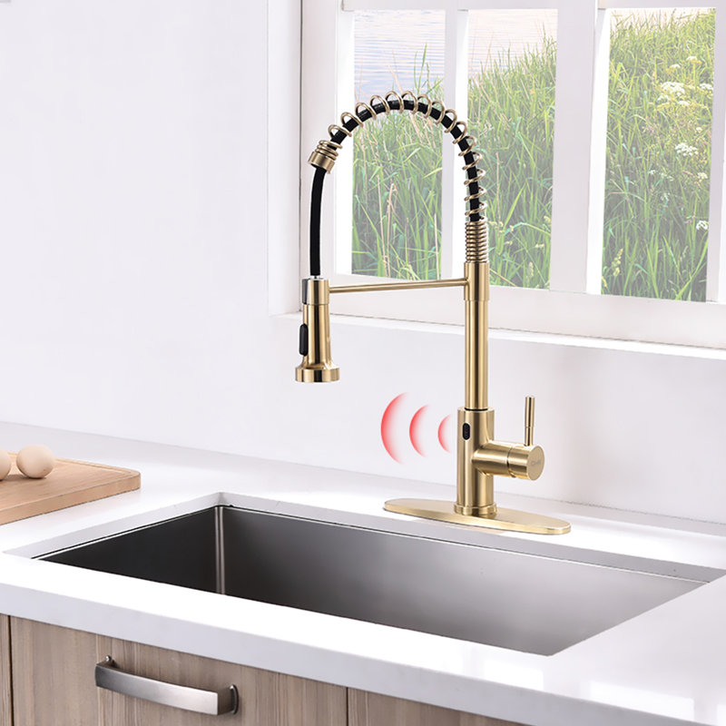 Automatic Smart Hands Kitchen Faucet In Brushed Gold, Touchless With Reliable Motion Sensor And Pull Out Intelligent Control