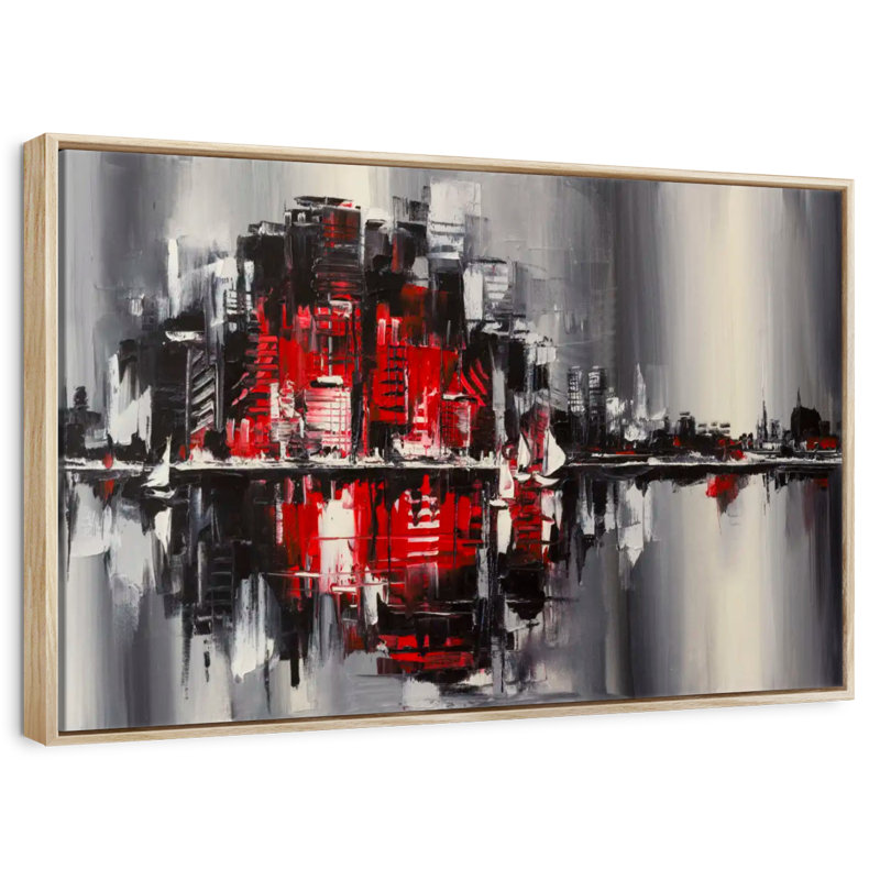 Abstract Cityscape, 13" X 9", Floating Frame Natural Wood