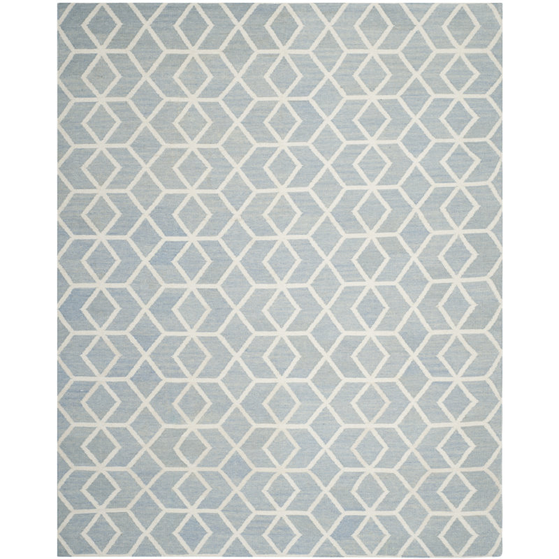 Rodgers Hand Woven Flat Weave Wool/Cotton Geometric Rug in Blue/Ivory, Rectangle 6' x 9'