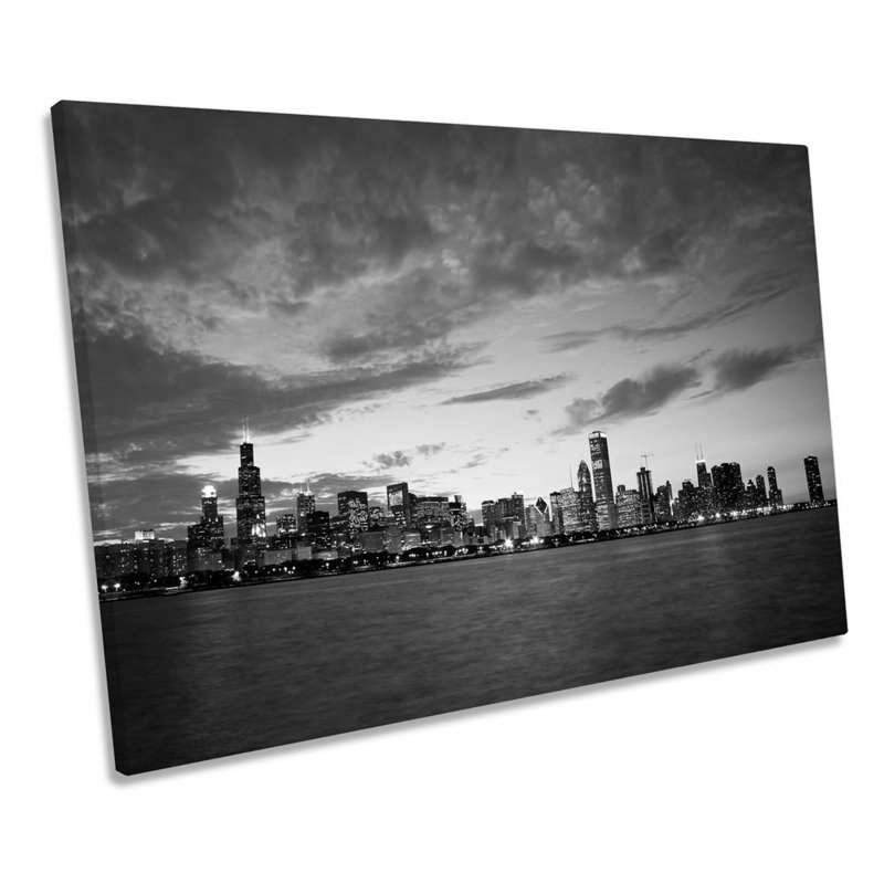 Chicago Skyline Illinois City B&W - Wrapped Canvas Print, 61cm H x 91.4cm W x 4cm D