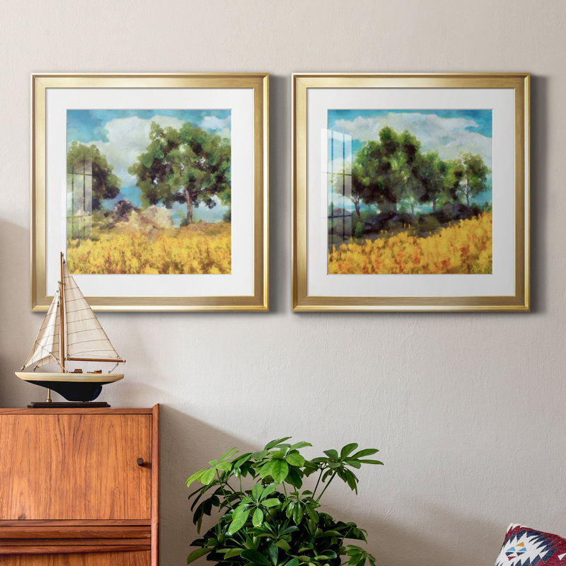 Paysage jaune doux I - cadre photo, reproduction d'art, H 17,5 po x l 35 po x P 1,5 po, Papier encadré doré, Blanc