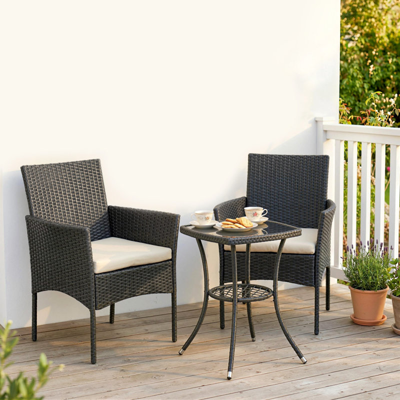 2 - Person Patio Dining Set with Square Table, Cream White Cushion/Black Frame