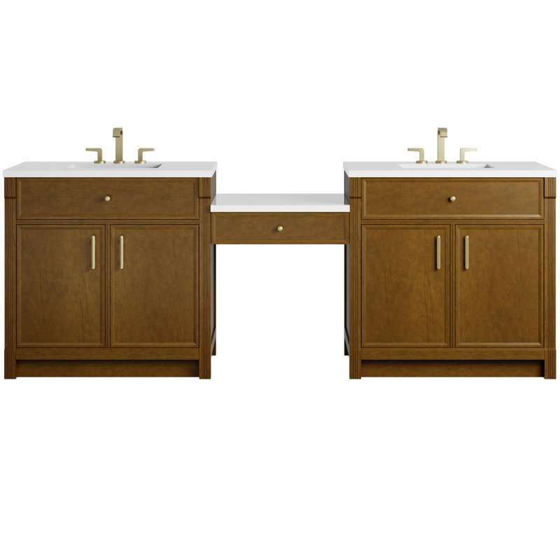 Bellshire 96" W Dual Vanity Set with 24" Make-Up Counter, Honey Oak, White Zeus, 8" Widespread