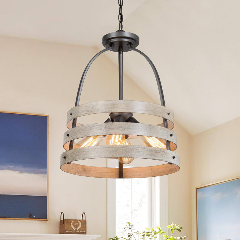 Lustre tambour 4 lumières avec accents de bois, Faux bois clair