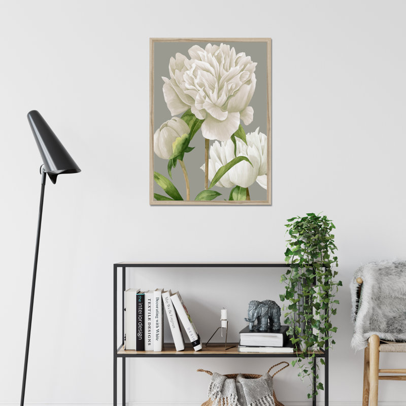 White Peonies II by Grace Popp - Painting, 95cm H x 65cm W, Natural Wood Framed Paper Print
