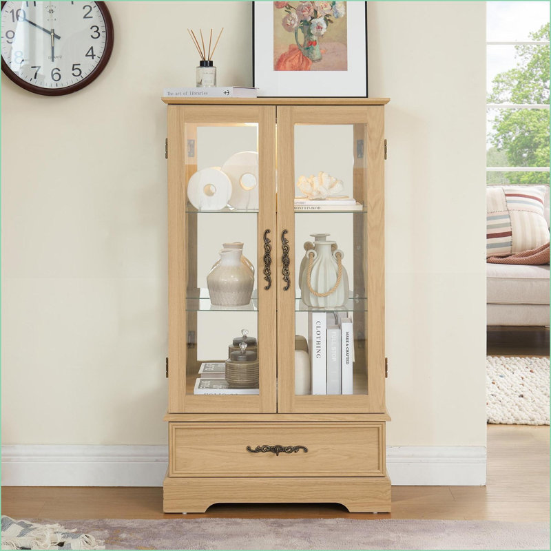 Curio Display Cabinet Vintage American Retro Lighted with Adjustable Glass Shelves, 2 Doors &amp; 1 Drawer | MDF+Glass | Off-White
