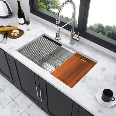 30 - Inch Undermount Kitchen Sink, 16 Gauge 304 Stainless Steel, Quiet Operation With 3mm Pad, And Switchable Workstation Features Single Bowl Sink Made Of Featuring Built In Ledges, Easy Drain X