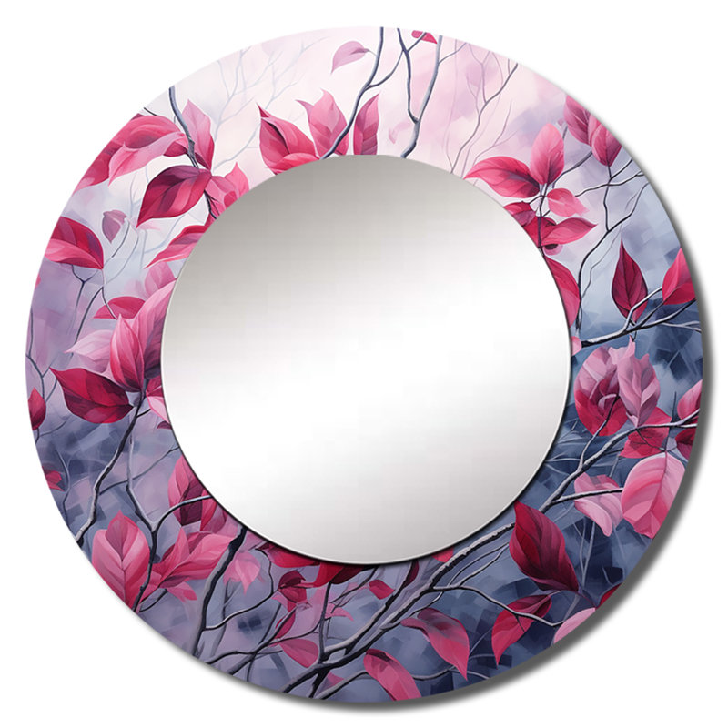 Sadea Leaves Charm In Moody Overcast III - miroir mural décoratif à feuilles, miroir rond rouge, impression sur métal