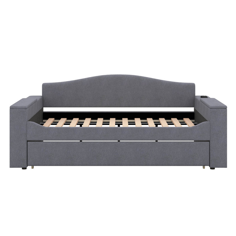 Full / Double Upholstered Daybed with Storage Armrests, Trundle and Latest Integrated Bluetooth Audio System, Gray