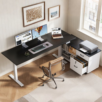 Bureau debout avec classeur spacieux, bureau en L réglable en hauteur avec structure robuste pour le bureau à domicile