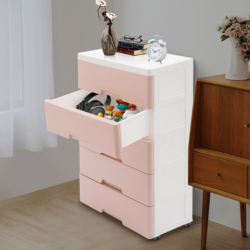 Commode 5 tiroirs avec rangement, Rose