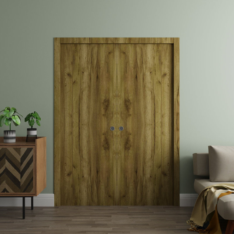 Portes coulissantes françaises à double poche - Essentiel 8001 frêne - Quincaillerie de rail - Portes intérieures modernes en bois massif pour chambre à coucher