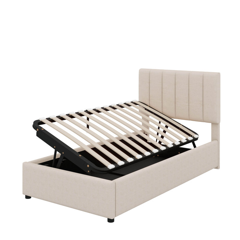 Lit plateforme tapissier avec système de rangement hydraulique, Beige, Simple