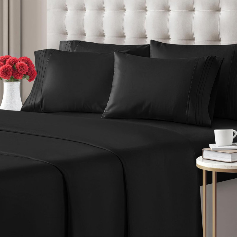 6 Piece Sheet Set, Soft Cooling Bed Sheets, Breathable & Wrinkle Free, Hotel Luxury Bedding, Black