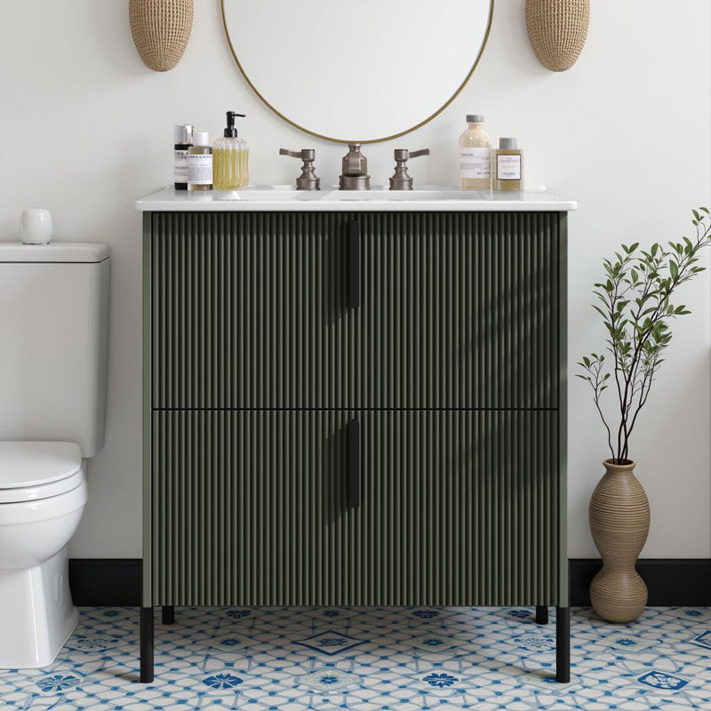 Meuble-lavabo autoportant de 30 po avec lavabo en céramique et 2 tiroirs à fermeture en douceur, Vert