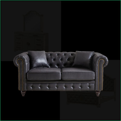 Canapés, canapé Chesterfield Tech 63,5 po | Bouton capitonné | Pieds en bois brun foncé | Salon | Tissu | Standard