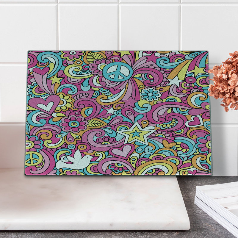 Ambesonne Groovy Tempered Glass Cutting Board Funky 60s Fun Retro Multicolor