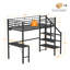 Lit mezzanine simple en métal noir avec bureau, 2 stations de charge, éclairage à DEL, robuste, escalier, garde-robe