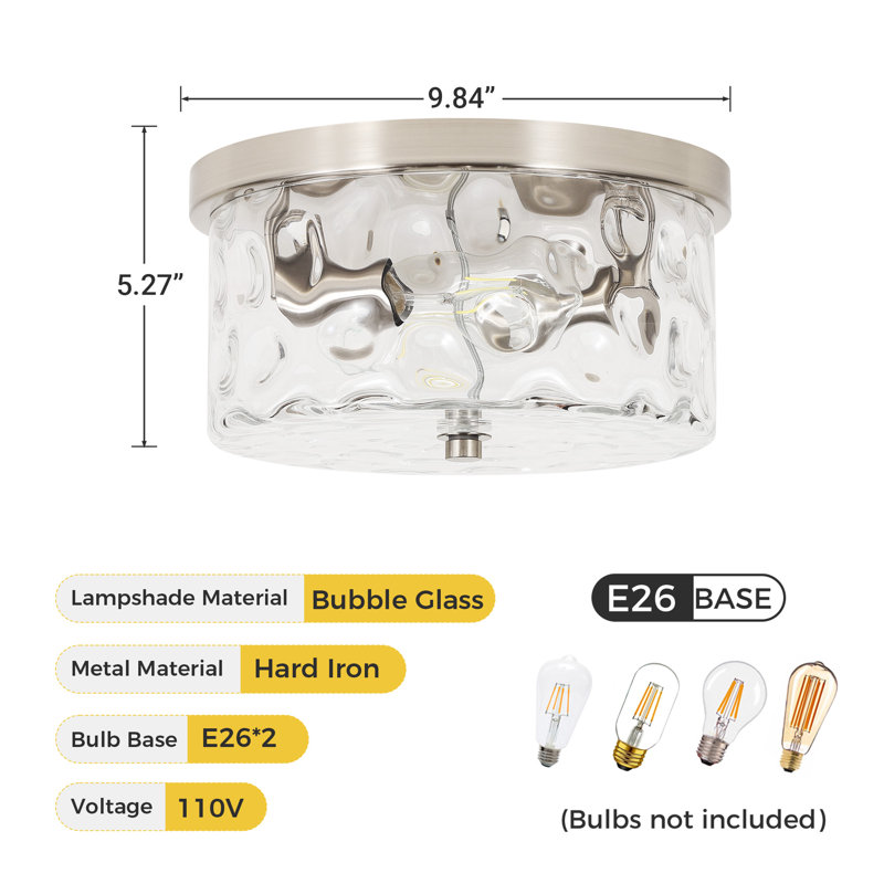 Alixandra 2-Light Flush Mount Ceiling Light With Clear Hammered Glass, 10" L x 10" W x 5" H, Brushed Nickel
