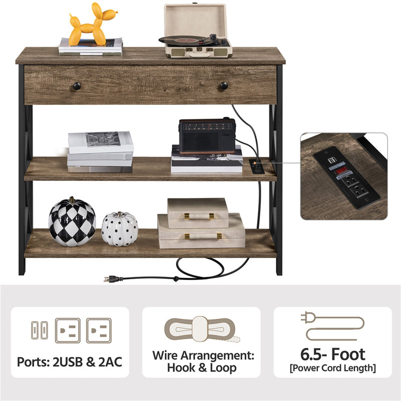 Taupe Wood and Black Metal Console Table with Storage and USB Ports