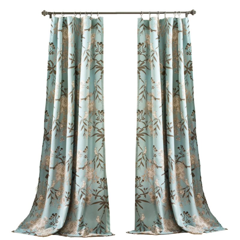Extra Long Blue Polyester Blackout Floral Drape Panels, Set of 2