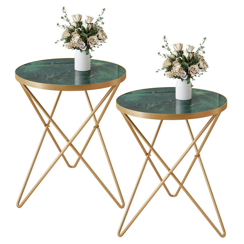 Modern Faux Marble Top Round End Table For Living Room, Bedroom, or Office, Green