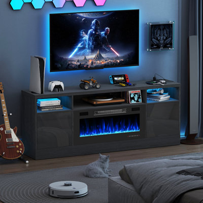 Meuble télé 70 po avec meuble télé avec foyer pour téléviseur de 80 po ou moins avec armoires de rangement, prises de courant et meuble télé moderne pour le salon