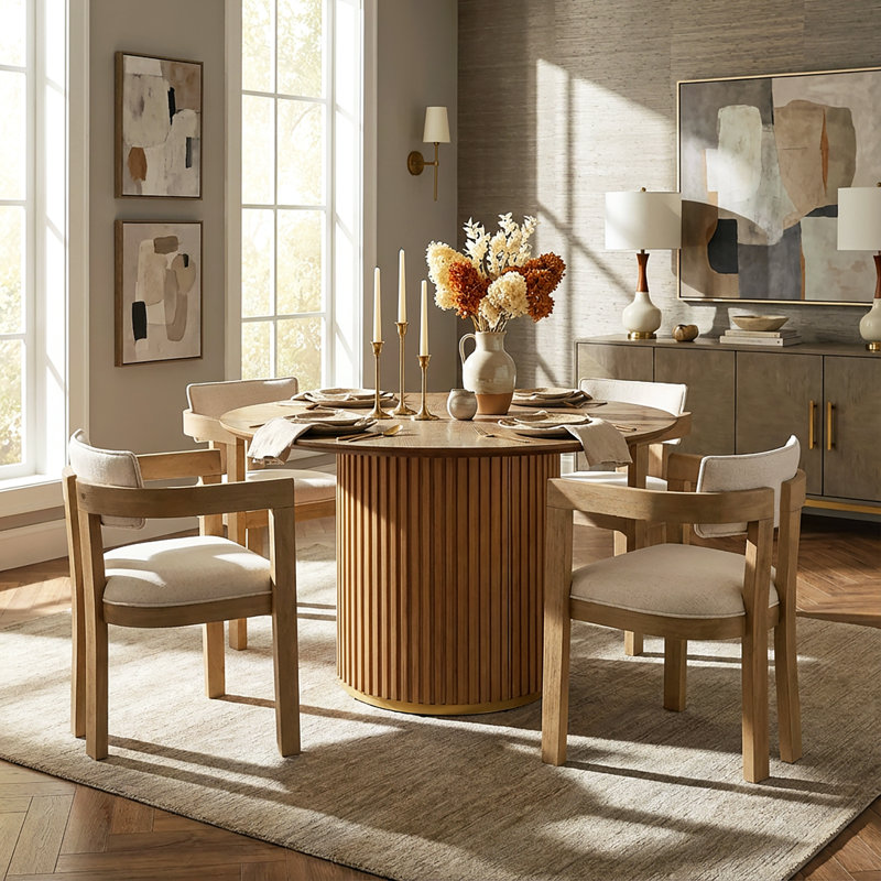 Logan 5-Piece Round Pedestal Dining Table Set With Upholstered Chairs, Light Ash