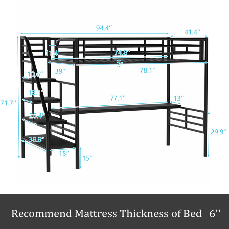 Structure de lit mezzanine en métal avec bureau, aucun sommier nécessaire, simple, noir