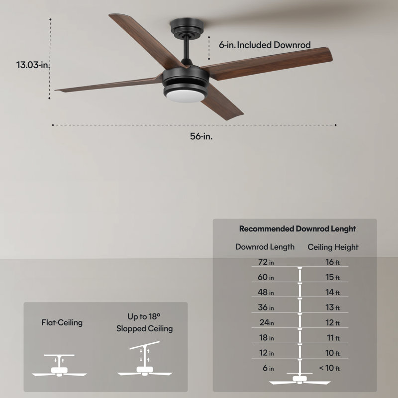 Burslem 56'' Indoor / Outdoor Ceiling Fan with Light and Remote, Color Changing LED, 6-Speed, 4-Blade, Quiet DC Motor – Matte Black with Dark Brown Wood Blades