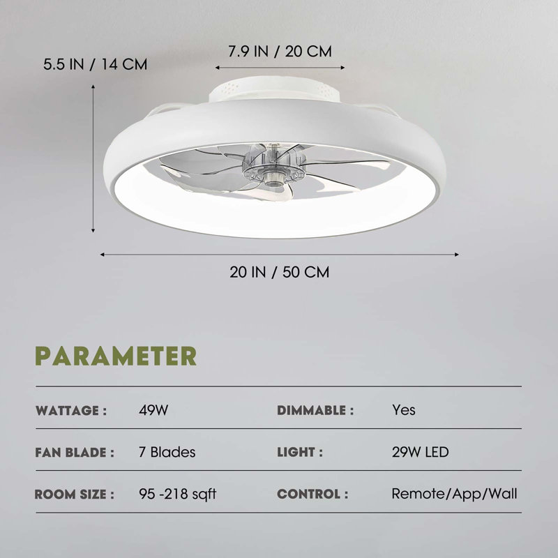 20 inch Modern Dimmable LED Ceiling Fan with Lights, White